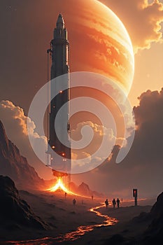 giant space rocket ready launch with planetary background sky