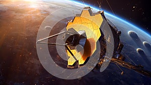 A giant space telescope orbiting Earth observing. Generative AI