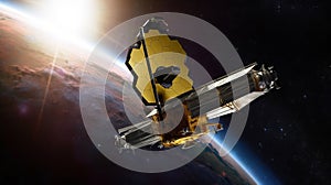 A giant space telescope orbiting Earth observing. Generative AI
