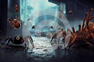 Giant spiders invasion on the city streets
