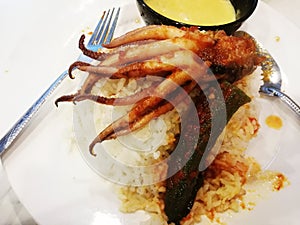 Giant squid and fish eggs with white rice