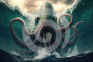 a giant squid rising from the depths of the ocean, its enormous tentacles reaching out to ensnare a ship.