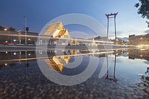 The Giant Swing and Suthat Temple at Twilight Time, in Bangkok Thailand