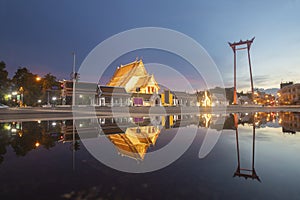 The Giant Swing and Suthat Temple at Twilight Time, in Bangkok Thailand