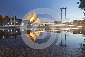 The Giant Swing and Suthat Temple at Twilight Time, in Bangkok Thailand