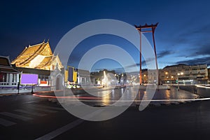 The Giant Swing and Suthat Temple at Twilight Time, in Bangkok Thailand