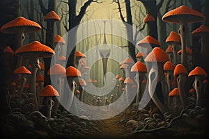 Giant talking mushrooms offering cryptic advice in dense forest groves - Generative AI