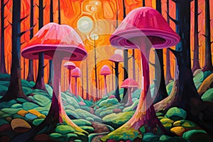 Giant talking mushrooms offering cryptic advice in dense forest groves - Generative AI