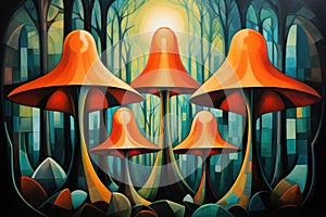 Giant talking mushrooms offering cryptic advice in dense forest groves - Generative AI