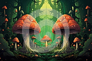 Giant talking mushrooms offering cryptic advice in dense forest groves - Generative AI