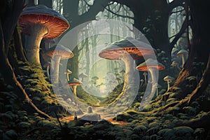 Giant talking mushrooms offering cryptic advice in dense forest groves - Generative AI