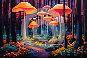 Giant talking mushrooms offering cryptic advice in dense forest groves - Generative AI