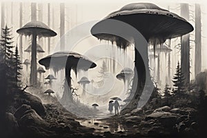 Giant talking mushrooms offering cryptic advice in dense forest groves - Generative AI