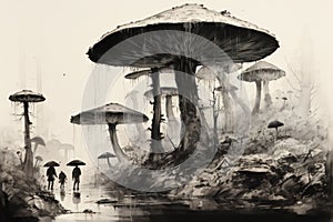 Giant talking mushrooms offering cryptic advice in dense forest groves - Generative AI