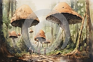 Giant talking mushrooms offering cryptic advice in dense forest groves - Generative AI