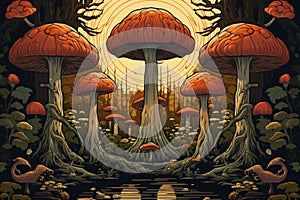 Giant talking mushrooms offering cryptic advice in dense forest groves - Generative AI