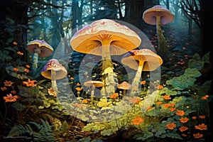 Giant talking mushrooms offering cryptic advice in dense forest groves - Generative AI