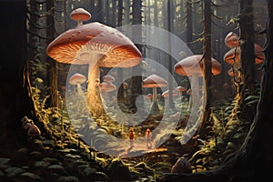 Giant talking mushrooms offering cryptic advice in dense forest groves - Generative AI