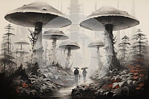 Giant talking mushrooms offering cryptic advice in dense forest groves - Generative AI