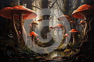 Giant talking mushrooms offering cryptic advice in dense forest groves - Generative AI