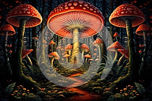 Giant talking mushrooms offering cryptic advice in dense forest groves - Generative AI