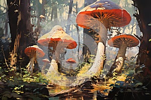 Giant talking mushrooms offering cryptic advice in dense forest groves - Generative AI