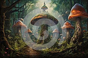 Giant talking mushrooms offering cryptic advice in dense forest groves - Generative AI