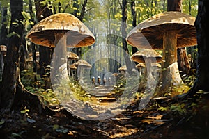 Giant talking mushrooms offering cryptic advice in dense forest groves - Generative AI