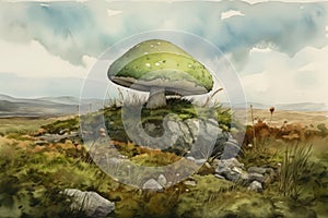 Giant Toadstool in the Middle of a Mushroom Rock Grass Landscape