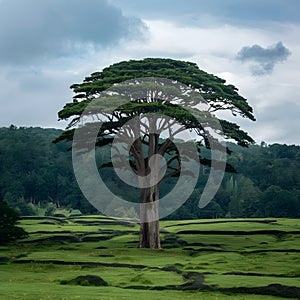 Giant tree stands tall amidst a verdant, sprawling landscape