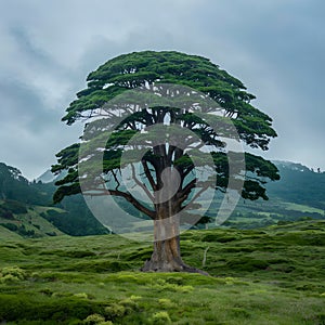 Giant tree stands tall amidst a verdant, sprawling landscape