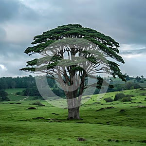 Giant tree stands tall amidst a verdant, sprawling landscape