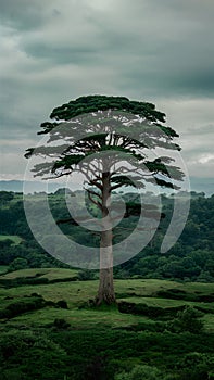 Giant tree stands tall amidst a verdant, sprawling landscape