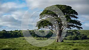 Giant tree stands tall amidst a verdant, sprawling landscape