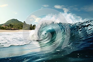A giant tsunami wave arriving at a tropical beach created with generative AI technology