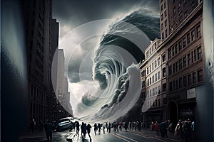 Giant Tsunami wave hitting modern city