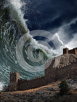 Giant tsunami waves crashing old fortress