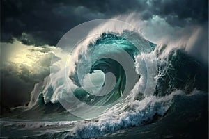 Giant tsunami waves dark stormy sky perfect storm, landscape background