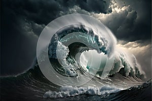 Giant tsunami waves dark stormy sky perfect storm, scenery background