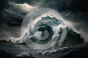 Giant tsunami waves dark stormy sky perfect storm, scenery background