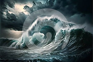 Giant tsunami waves dark stormy sky perfect storm, scenery background