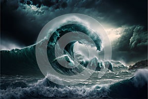 Giant tsunami waves, digital illustration painting artwork