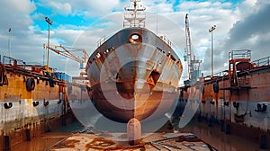 Giant Vessel Awaits Care in Maritime Repose. Concept Maritime Vessel, Maintenance, Caretaking, photo