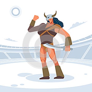 Giant warrior in the Gladiator arena. Gladiator before the battle welcomes the Emperor. Vector isolated illustration