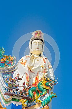 Giant white Guanyin statue with blue sky background. Guanyin or Guan Yin is an East Asian bodhisattva of Mahayana Buddhists and Ch