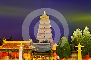 The giant wild goose pagoda and buddhist temple at night