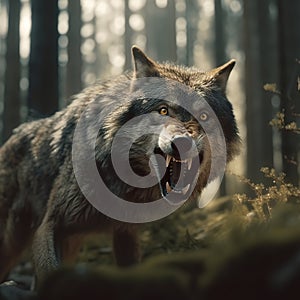 A giant wild wolf snarling in a pine forest behind him.