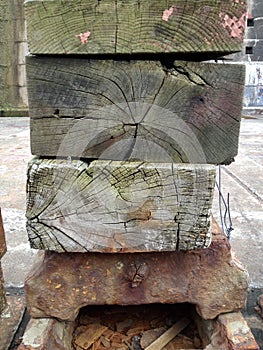 Giant wood and Iron ship supports from the Titanic Dry Dock. Belfast, UK. August 19, 2013.