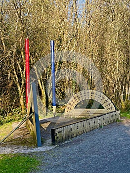 Giant wooden Trigonometry set sculpture at The Land of the Giants, Clare Lake, Claremorris