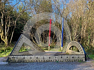 Giant wooden Trigonometry set sculpture at The Land of the Giants, Clare Lake, Claremorris